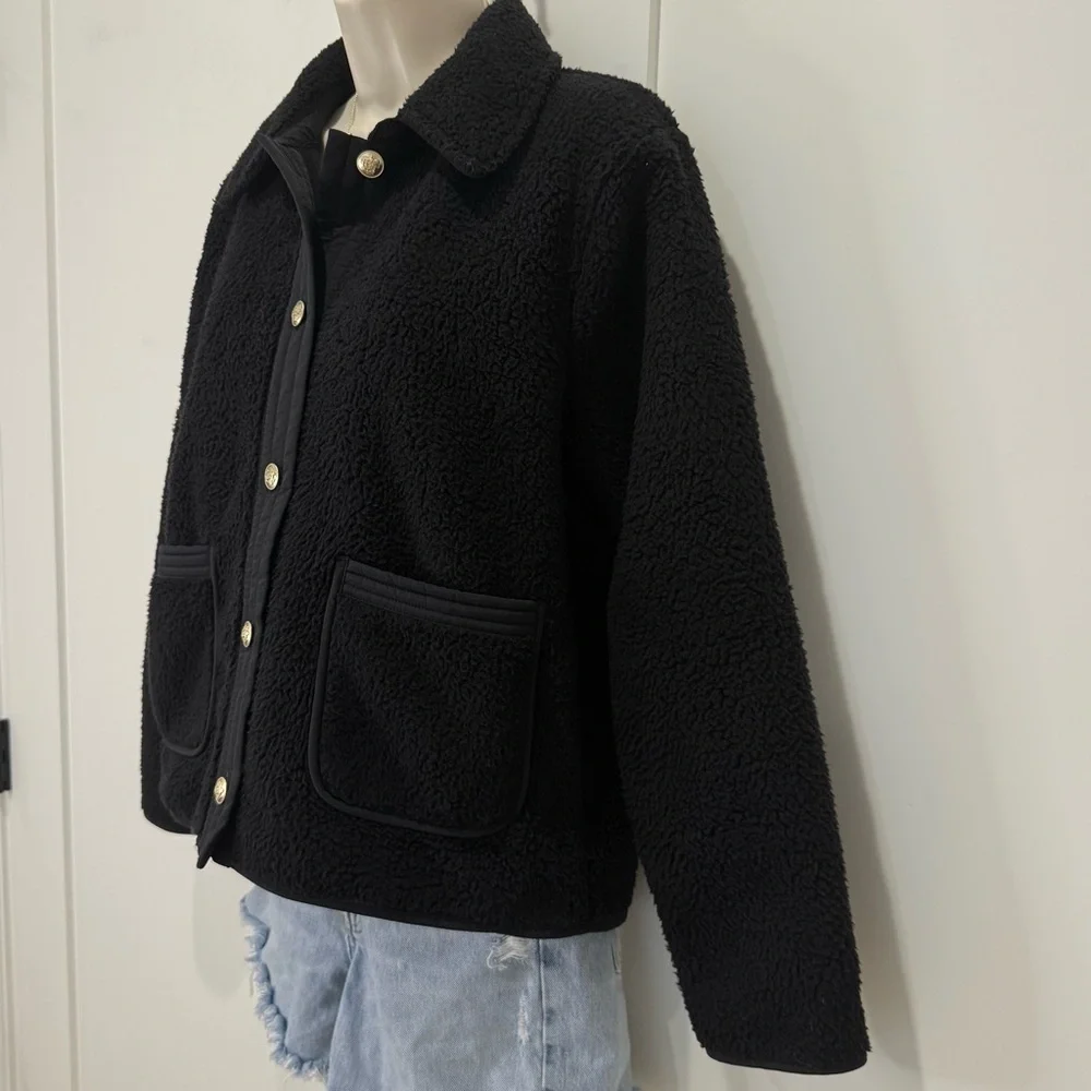 J.Crew Teddy Sherpa Lady Jacket Gold Buttons Small Black Preppy Classic Chic
